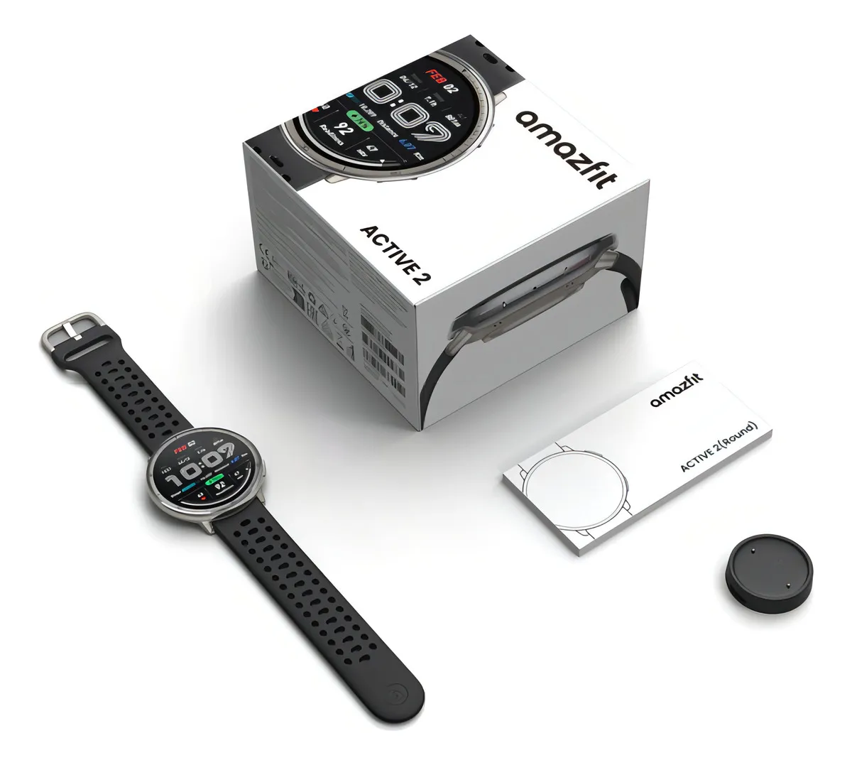 Caixa do Amazfit Active 2 com relógio, carregador e manual