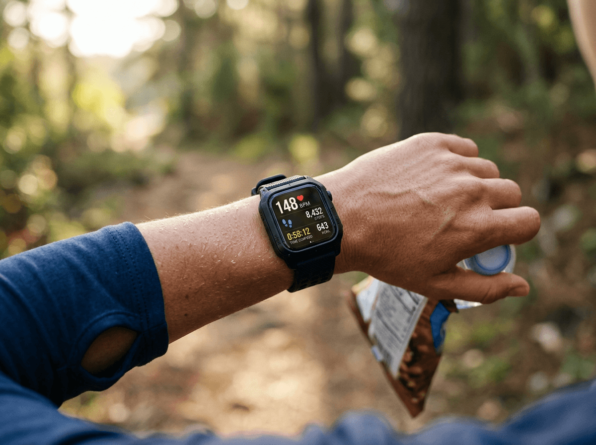 Pulso com smartwatch esportivo exibindo frequência cardíaca em uma trilha