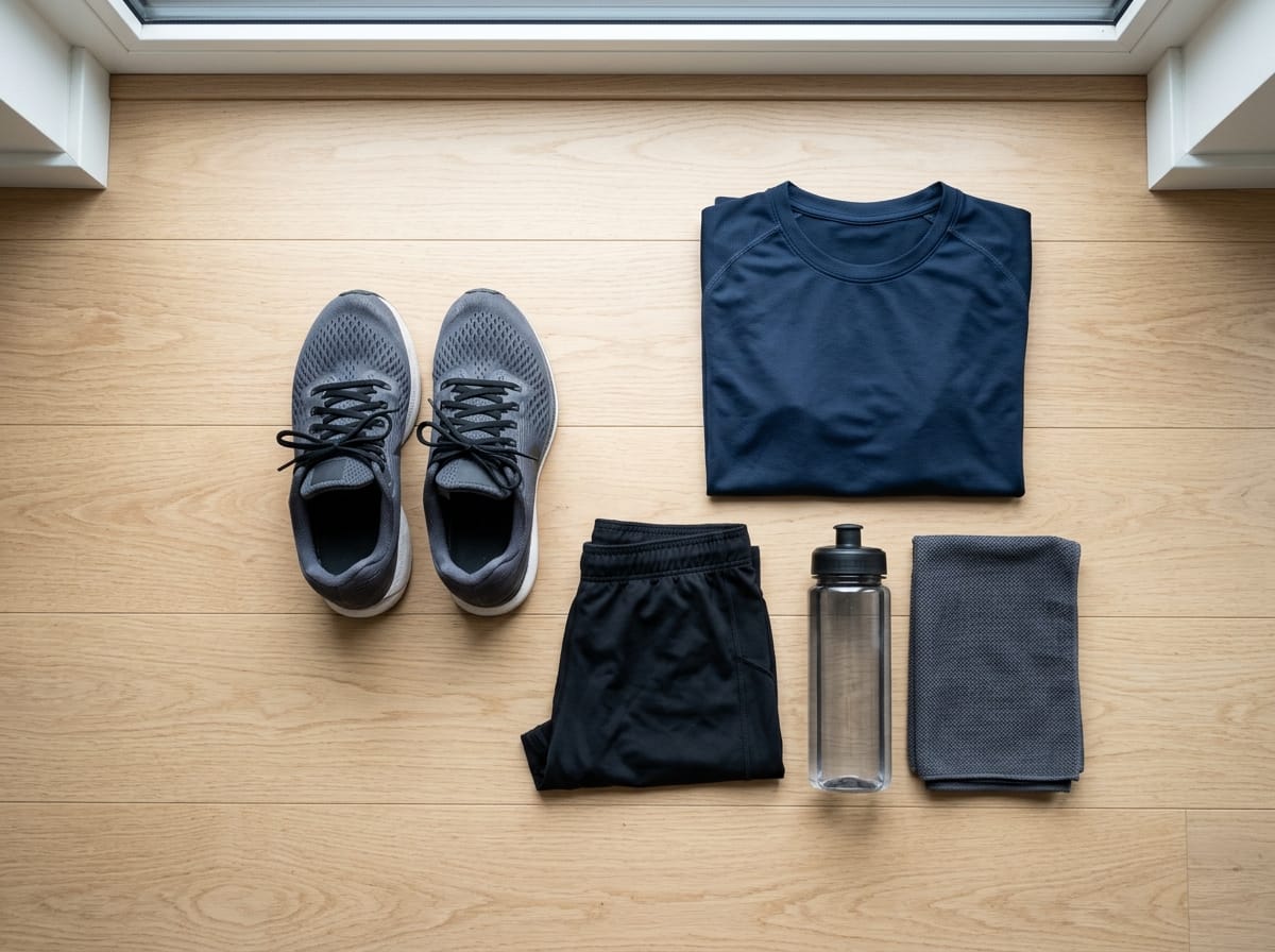 Flat-lay de tênis, camiseta, garrafa e shorts de treino