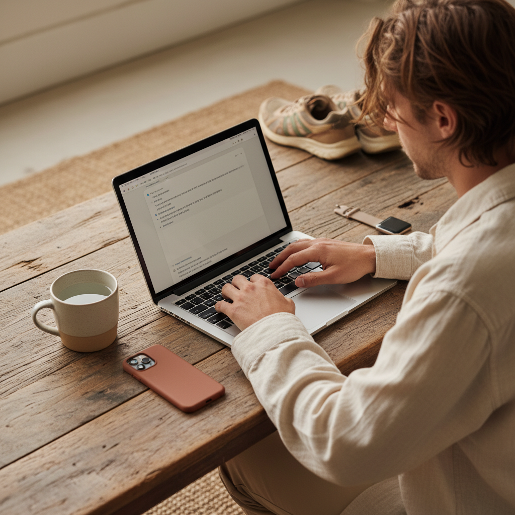Pessoa escrevendo uma mensagem no notebook em uma mesa de madeira, com tênis de corrida, smartwatch e celular ao lado