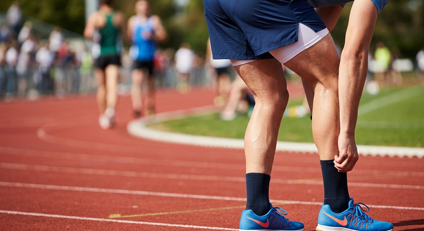 Corredor ajustando a meia em uma pista de atletismo