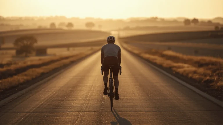 Ciclista visto de costas pedalando sozinho em estrada ao entardecer