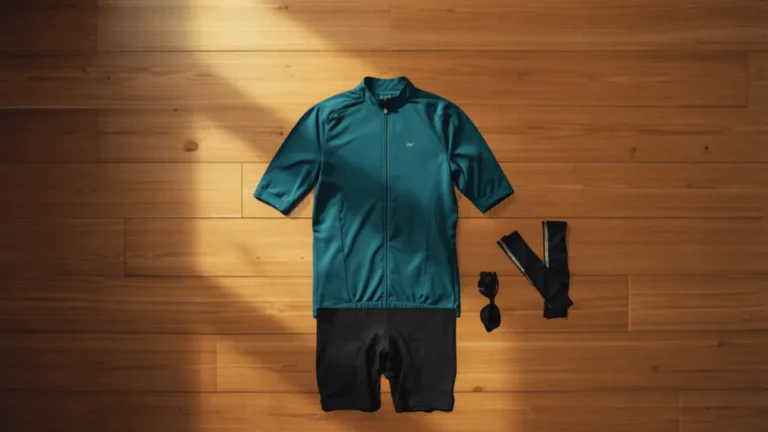 Conjunto de ciclismo masculino com camisa e bermuda com forro em gel sobre fundo claro